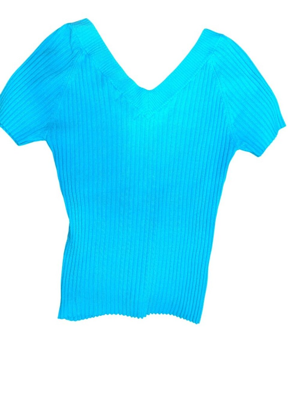 Chadwicks Size L Aqua Blue Ribbed Knit V Neck Sweater Top Coastal Citycore Style - Picture 8 of 8